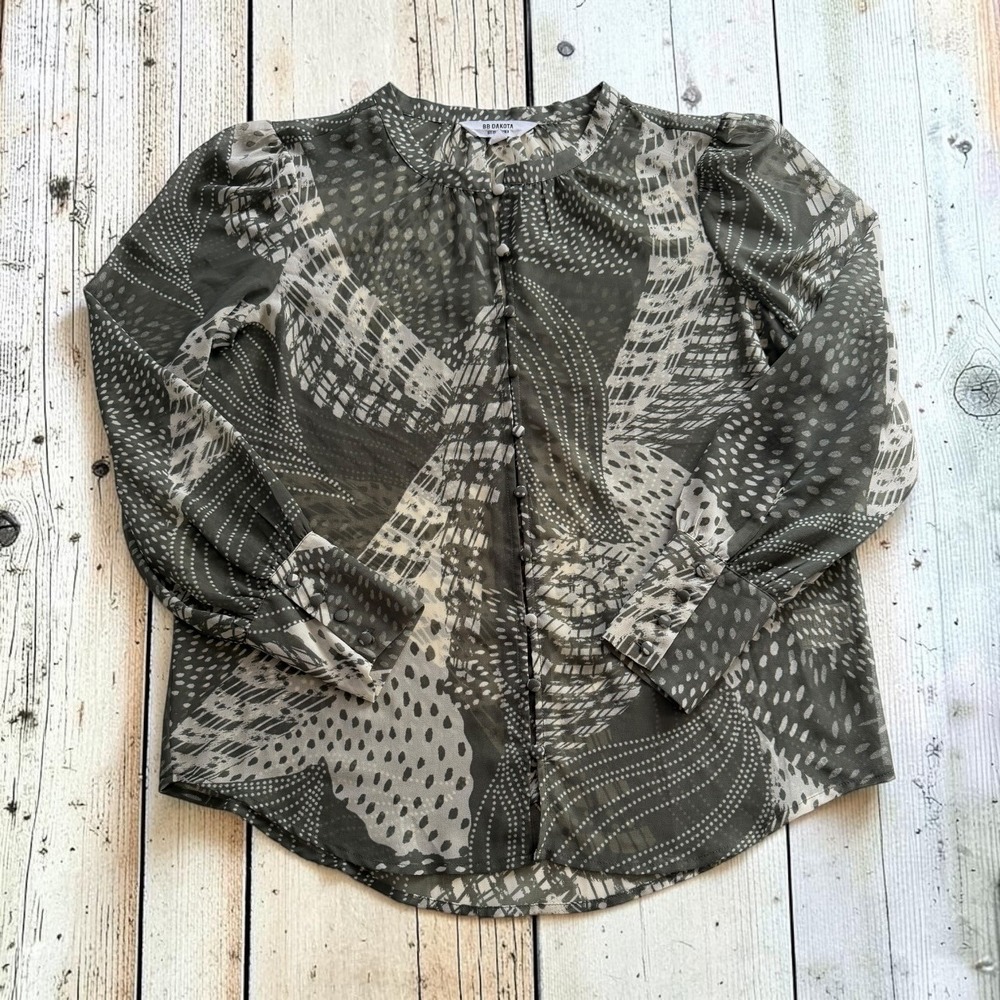Abstract Geometric Print Button Front Blouse Olive Green Women Small BB Dakota